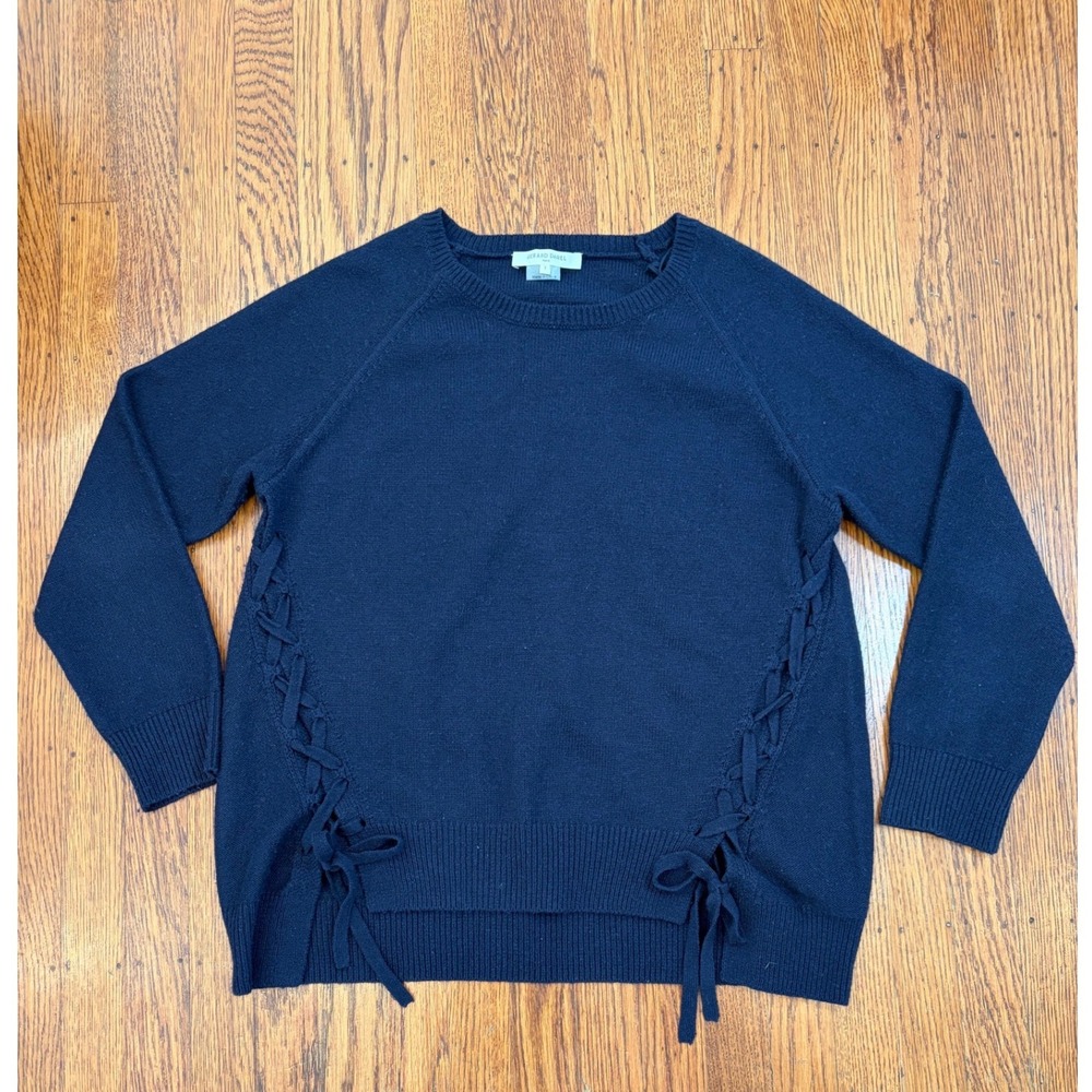 Gerard Darel Navy Wool Cashmere Sweater Lace Up Side Luxury Parisian Knit Small